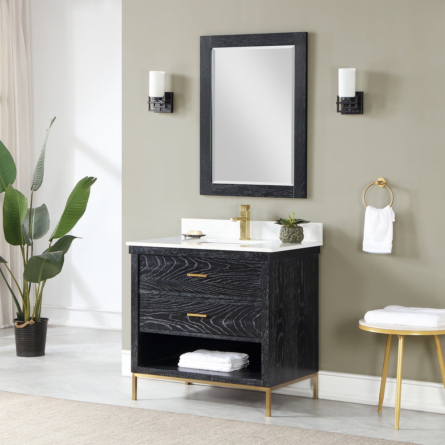 Kesia 36" Single Bathroom Vanity Set in Black Oak with Aosta White Engineered Stone Countertop with Mirror