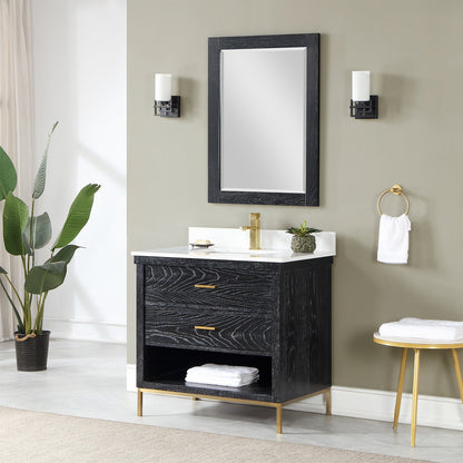 Kesia 36" Single Bathroom Vanity Set in Black Oak with Aosta White Engineered Stone Countertop with Mirror
