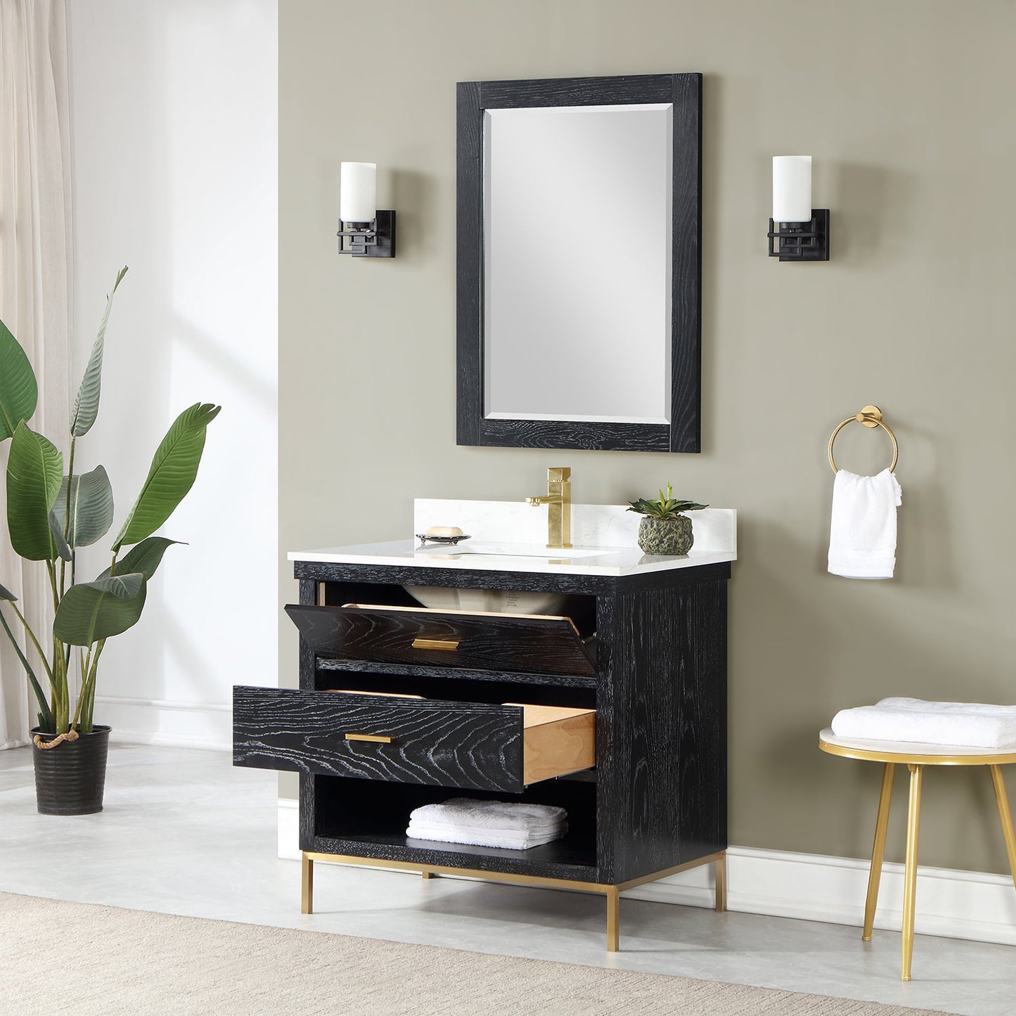 Kesia 36" Single Bathroom Vanity Set in Black Oak with Aosta White Engineered Stone Countertop with Mirror