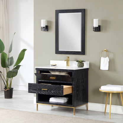 Kesia 36" Single Bathroom Vanity Set in Black Oak with Aosta White Engineered Stone Countertop with Mirror