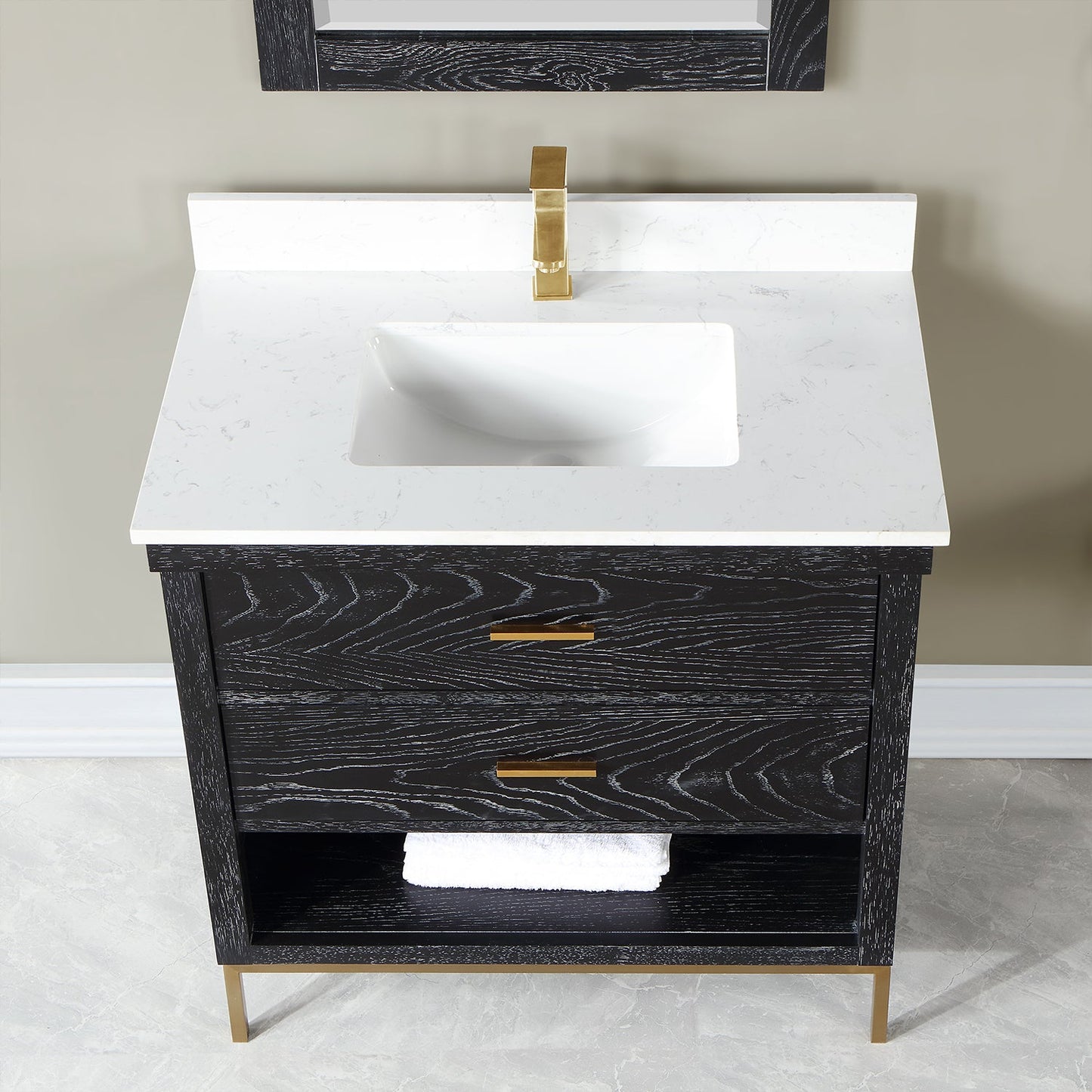 Kesia 36" Single Bathroom Vanity Set in Black Oak with Aosta White Engineered Stone Countertop with Mirror