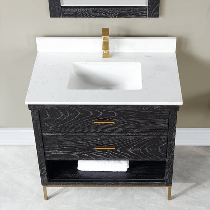 Kesia 36" Single Bathroom Vanity Set in Black Oak with Aosta White Engineered Stone Countertop with Mirror