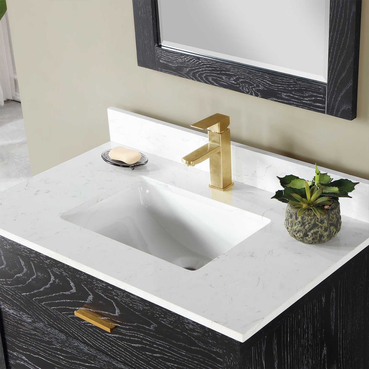 Kesia 36" Single Bathroom Vanity Set in Black Oak with Aosta White Engineered Stone Countertop with Mirror