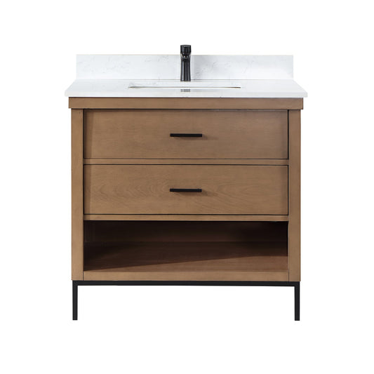 Kesia 36" Single Bathroom Vanity Set in Brown Pine with Aosta White Engineered Stone Countertop without Mirror
