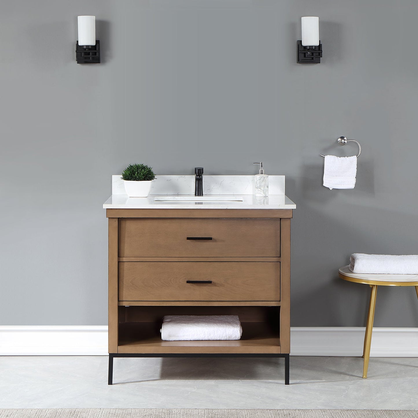 Kesia 36" Single Bathroom Vanity Set in Brown Pine with Aosta White Engineered Stone Countertop without Mirror