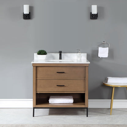 Kesia 36" Single Bathroom Vanity Set in Brown Pine with Aosta White Engineered Stone Countertop without Mirror