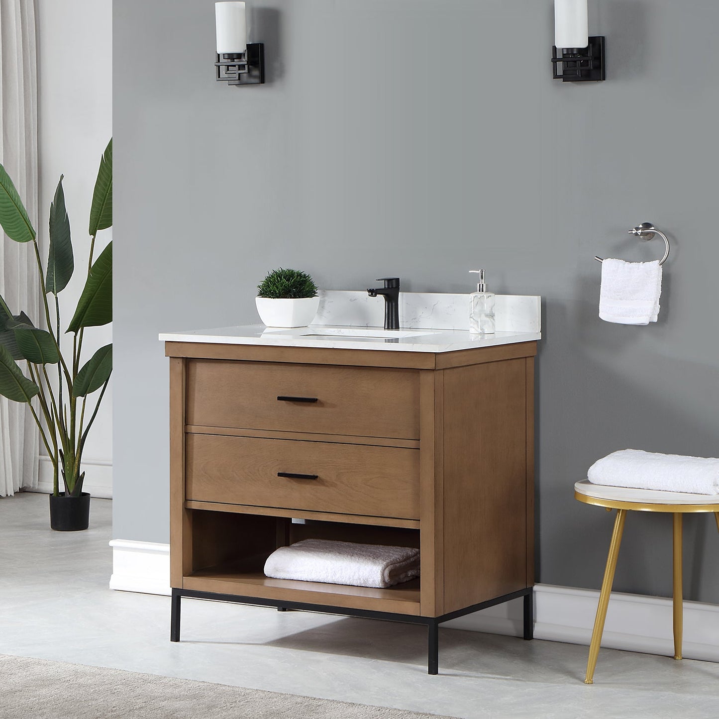 Kesia 36" Single Bathroom Vanity Set in Brown Pine with Aosta White Engineered Stone Countertop without Mirror