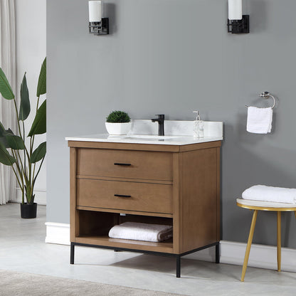 Kesia 36" Single Bathroom Vanity Set in Brown Pine with Aosta White Engineered Stone Countertop without Mirror
