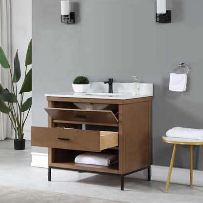 Kesia 36" Single Bathroom Vanity Set in Brown Pine with Aosta White Engineered Stone Countertop without Mirror