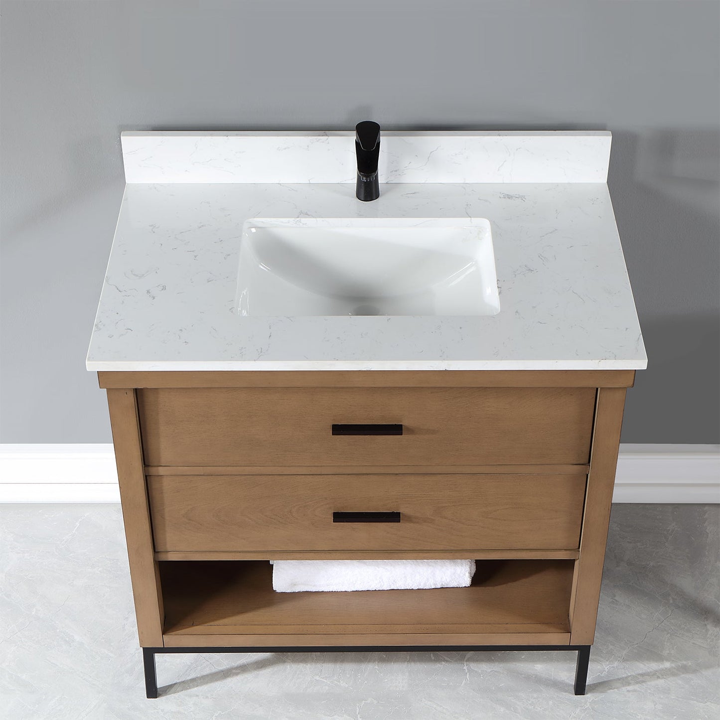 Kesia 36" Single Bathroom Vanity Set in Brown Pine with Aosta White Engineered Stone Countertop without Mirror