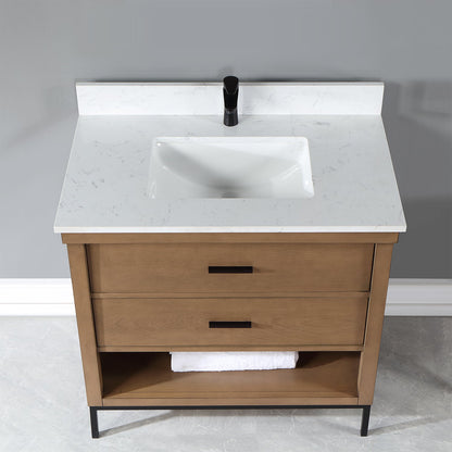 Kesia 36" Single Bathroom Vanity Set in Brown Pine with Aosta White Engineered Stone Countertop without Mirror