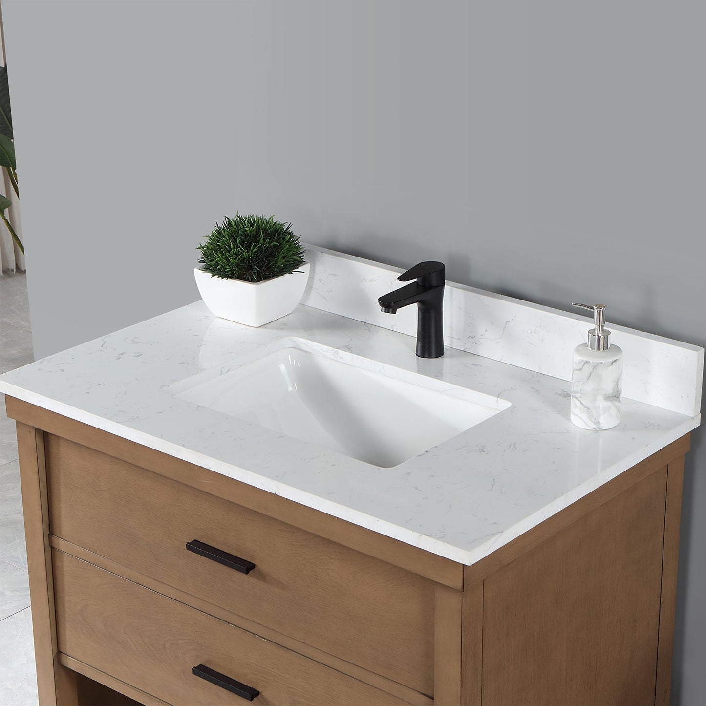 Kesia 36" Single Bathroom Vanity Set in Brown Pine with Aosta White Engineered Stone Countertop without Mirror