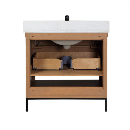 Kesia 36" Single Bathroom Vanity Set in Brown Pine with Aosta White Engineered Stone Countertop without Mirror