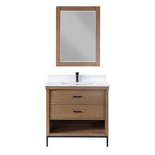 Kesia 36" Single Bathroom Vanity Set in Brown Pine with Aosta White Engineered Stone Countertop with Mirror