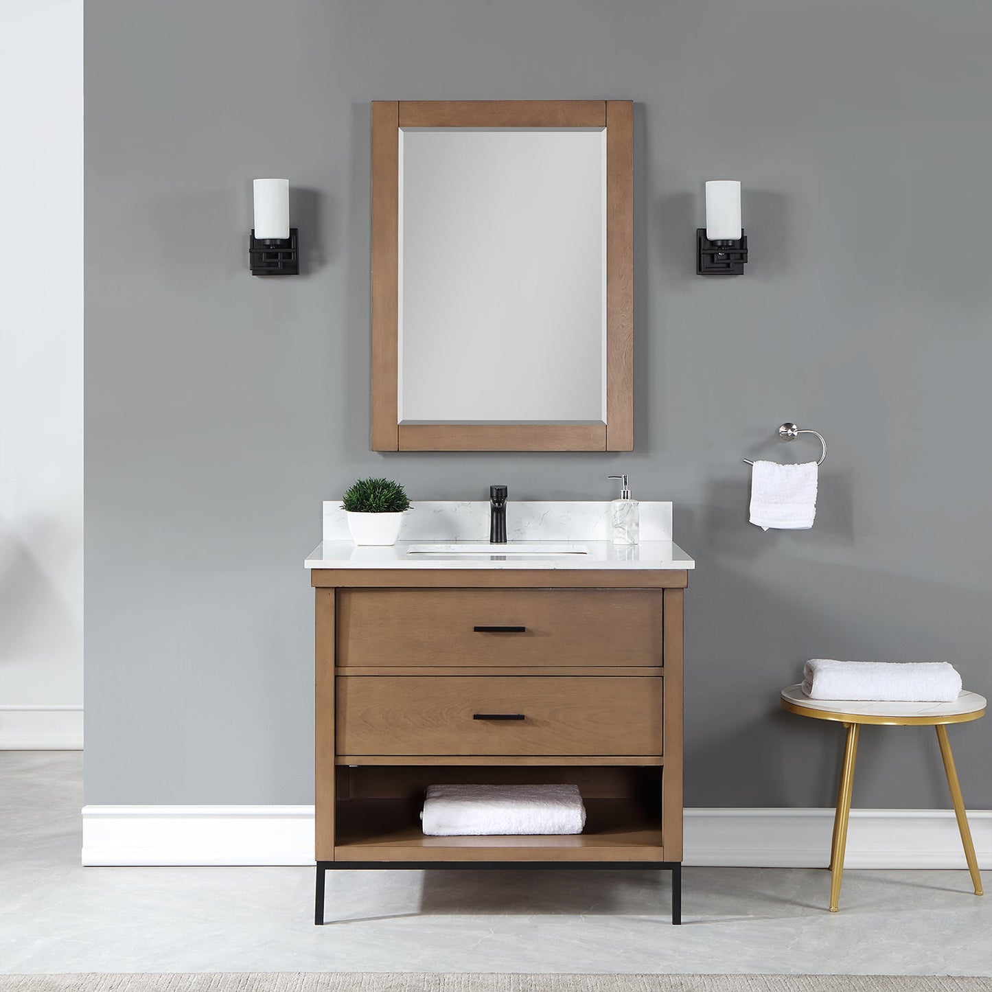 Kesia 36" Single Bathroom Vanity Set in Brown Pine with Aosta White Engineered Stone Countertop with Mirror