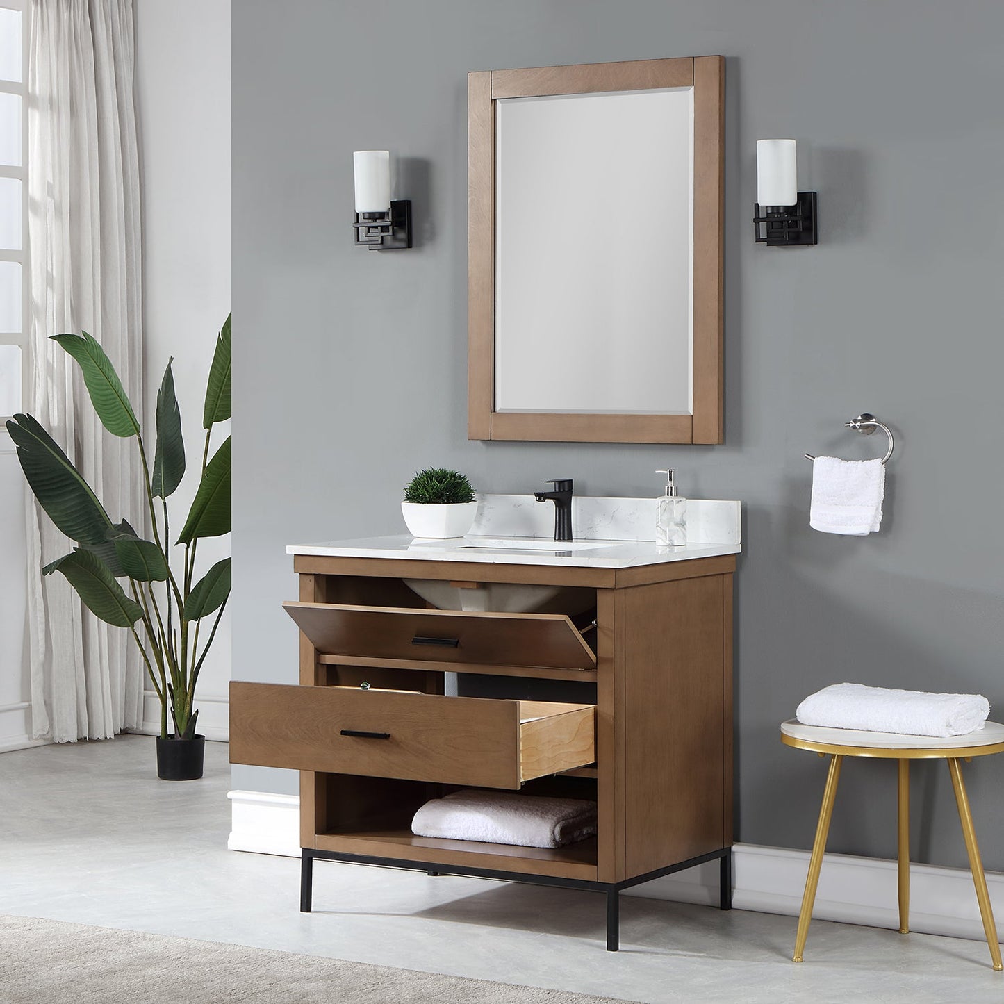 Kesia 36" Single Bathroom Vanity Set in Brown Pine with Aosta White Engineered Stone Countertop with Mirror