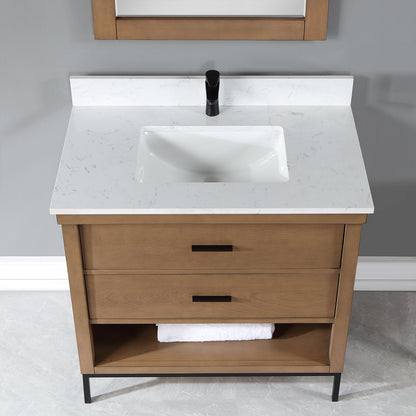 Kesia 36" Single Bathroom Vanity Set in Brown Pine with Aosta White Engineered Stone Countertop with Mirror
