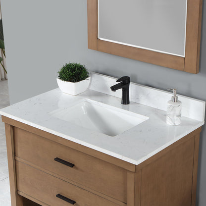 Kesia 36" Single Bathroom Vanity Set in Brown Pine with Aosta White Engineered Stone Countertop with Mirror