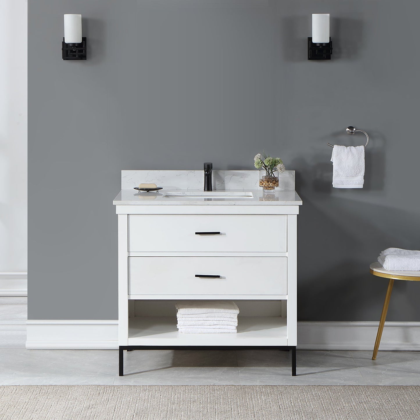 Kesia 36" Single Bathroom Vanity Set in White with Aosta White Engineered Stone Countertop without Mirror