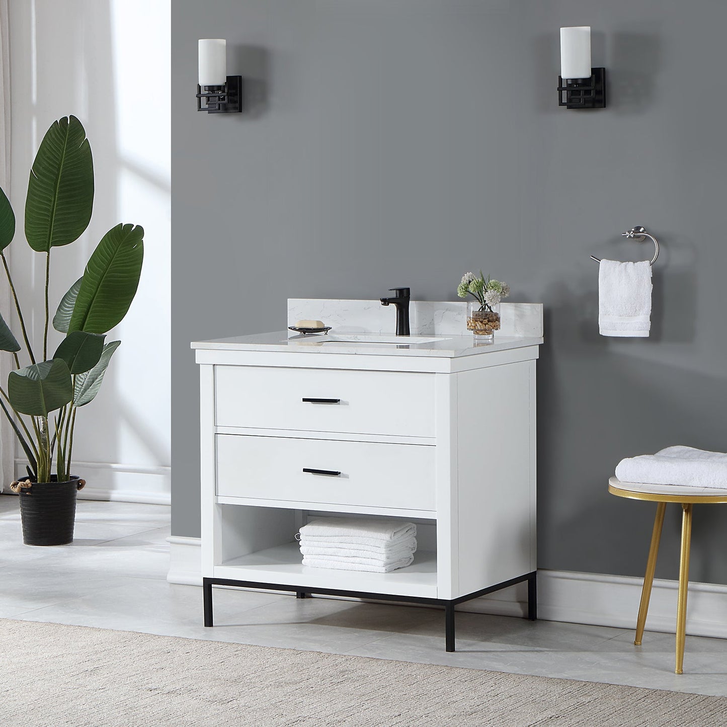 Kesia 36" Single Bathroom Vanity Set in White with Aosta White Engineered Stone Countertop without Mirror
