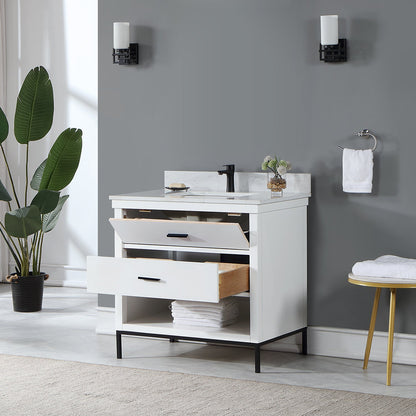 Kesia 36" Single Bathroom Vanity Set in White with Aosta White Engineered Stone Countertop without Mirror