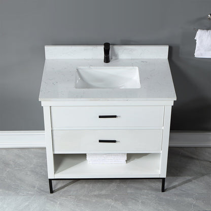 Kesia 36" Single Bathroom Vanity Set in White with Aosta White Engineered Stone Countertop without Mirror