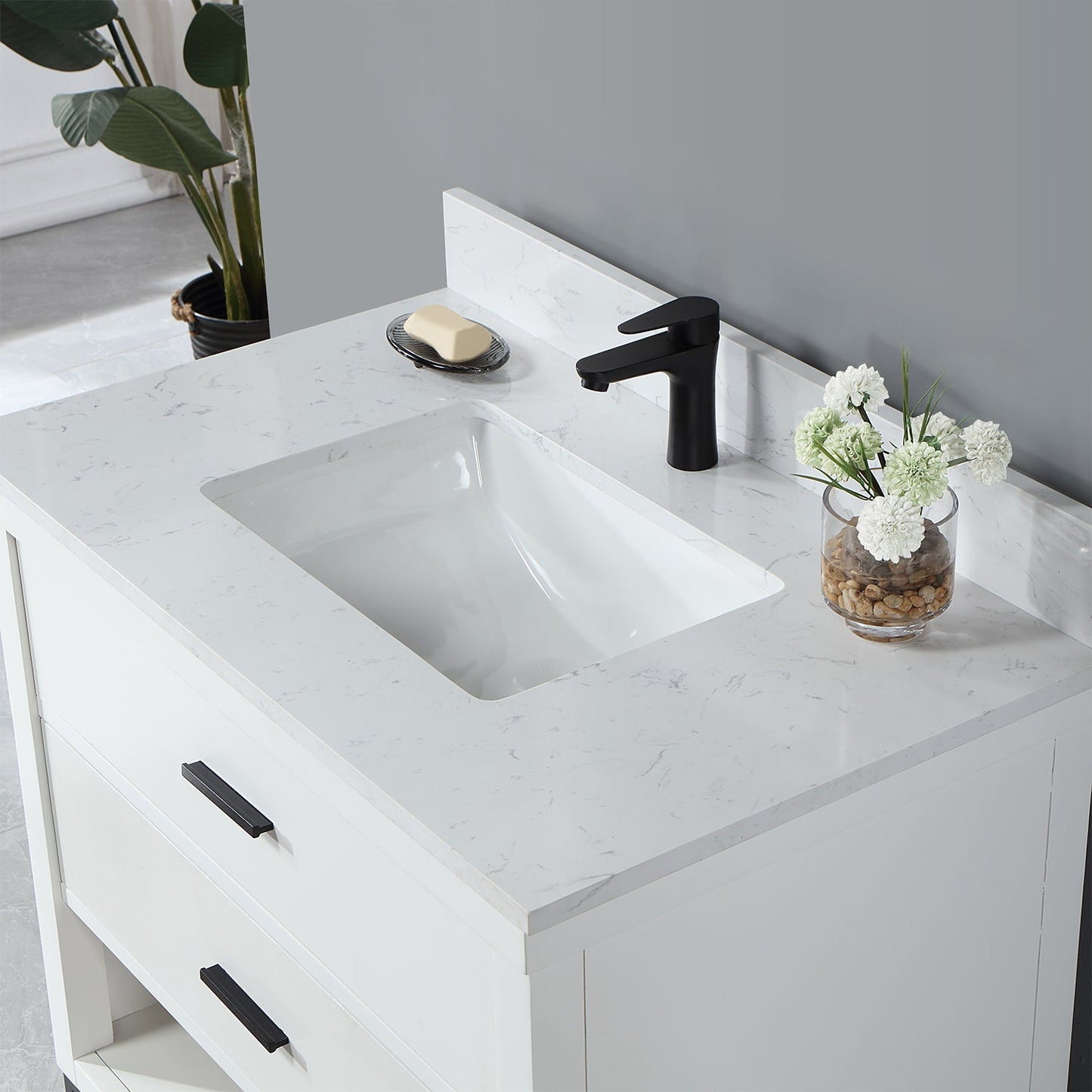 Kesia 36" Single Bathroom Vanity Set in White with Aosta White Engineered Stone Countertop without Mirror