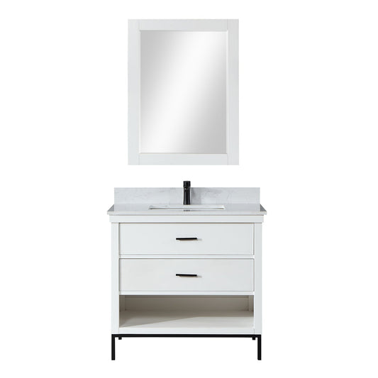 Kesia 36" Single Bathroom Vanity Set in White with Aosta White Engineered Stone Countertop with Mirror