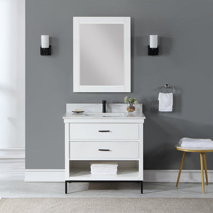 Kesia 36" Single Bathroom Vanity Set in White with Aosta White Engineered Stone Countertop with Mirror
