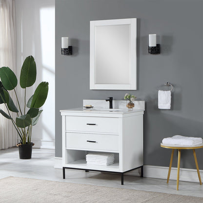 Kesia 36" Single Bathroom Vanity Set in White with Aosta White Engineered Stone Countertop with Mirror
