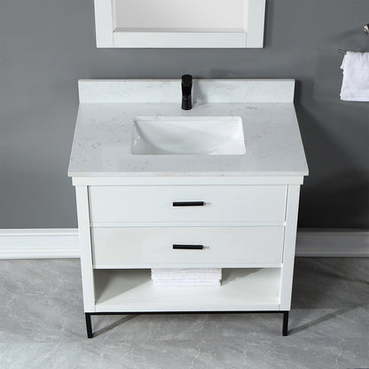 Kesia 36" Single Bathroom Vanity Set in White with Aosta White Engineered Stone Countertop with Mirror