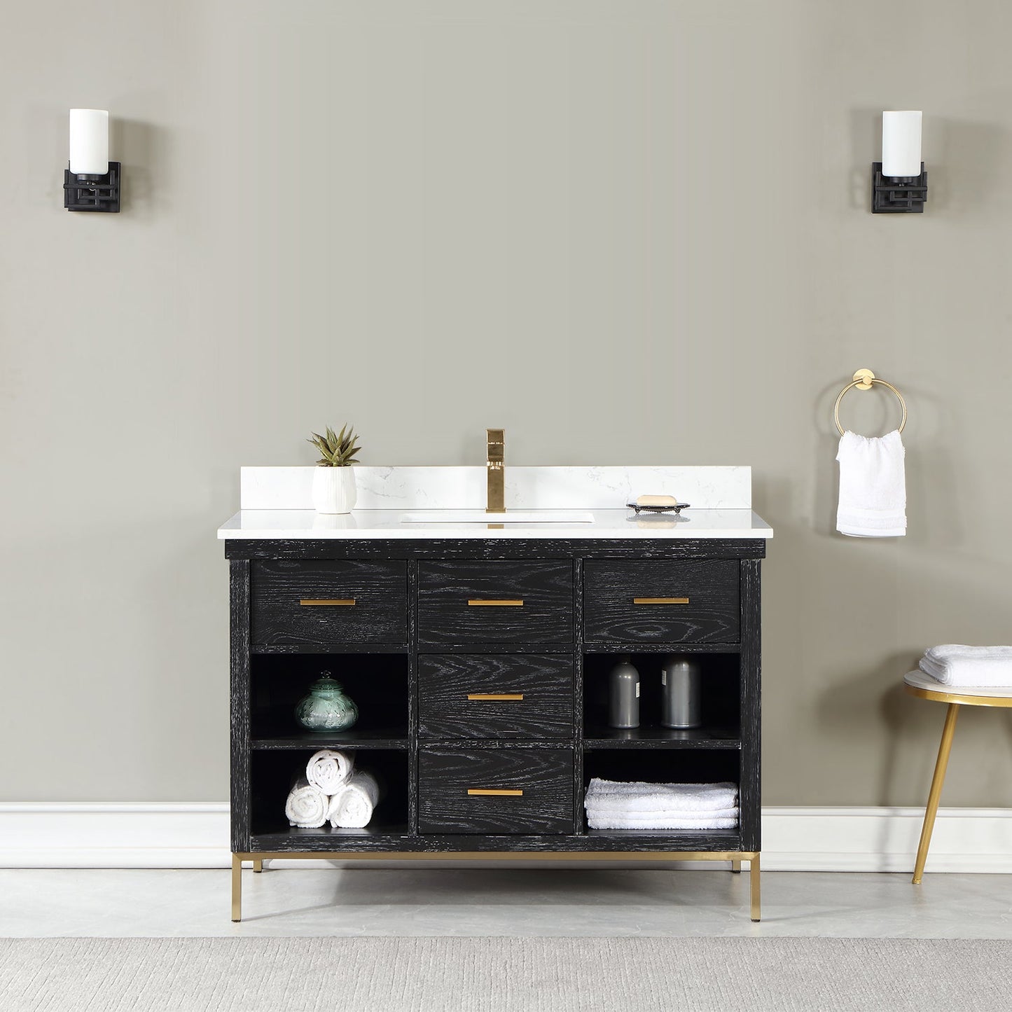 Kesia 48" Single Bathroom Vanity Set in Black Oak with Aosta White Engineered Stone Countertop without Mirror