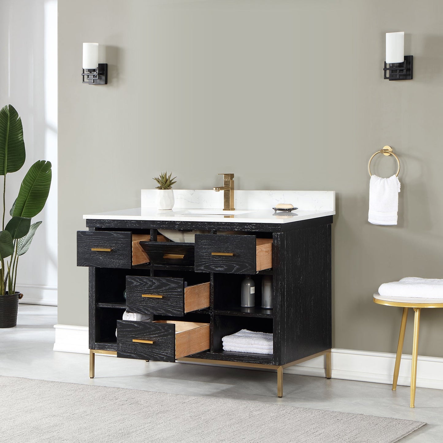 Kesia 48" Single Bathroom Vanity Set in Black Oak with Aosta White Engineered Stone Countertop without Mirror