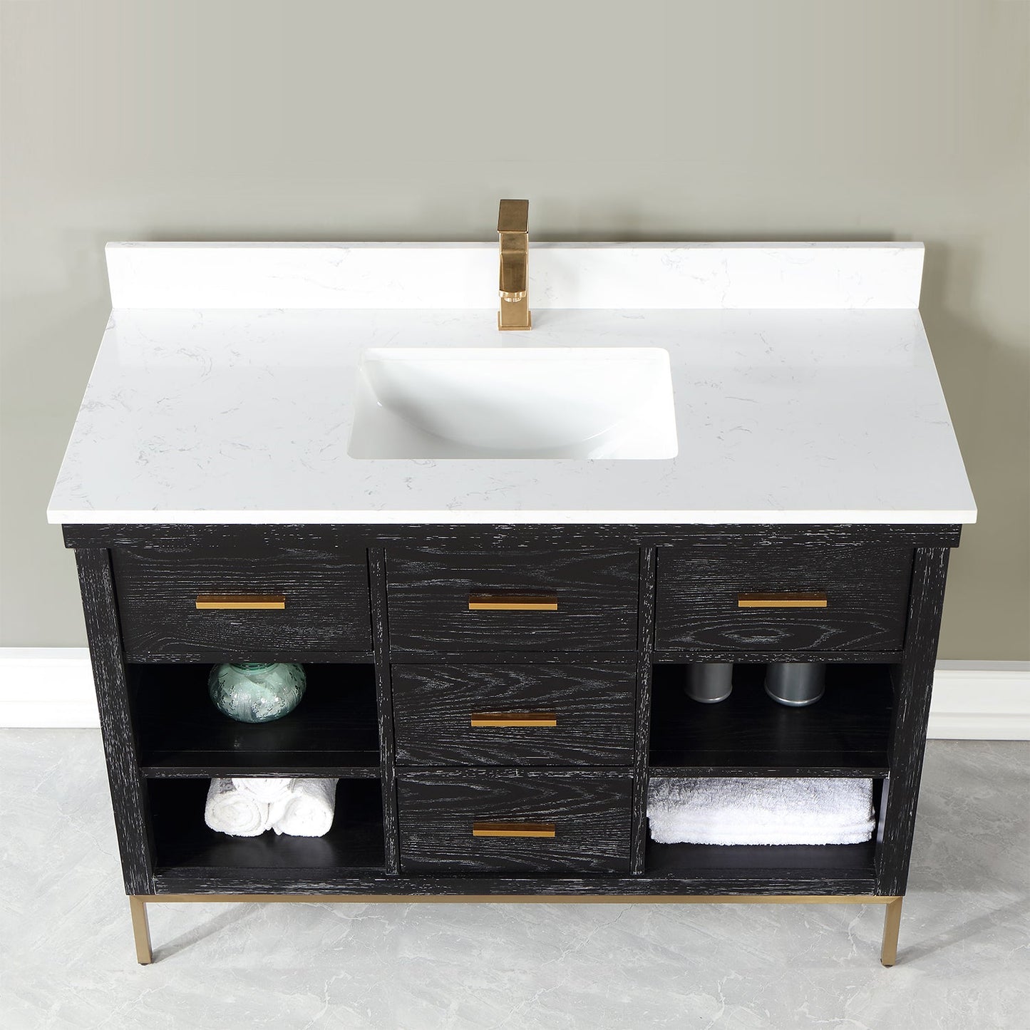 Kesia 48" Single Bathroom Vanity Set in Black Oak with Aosta White Engineered Stone Countertop without Mirror