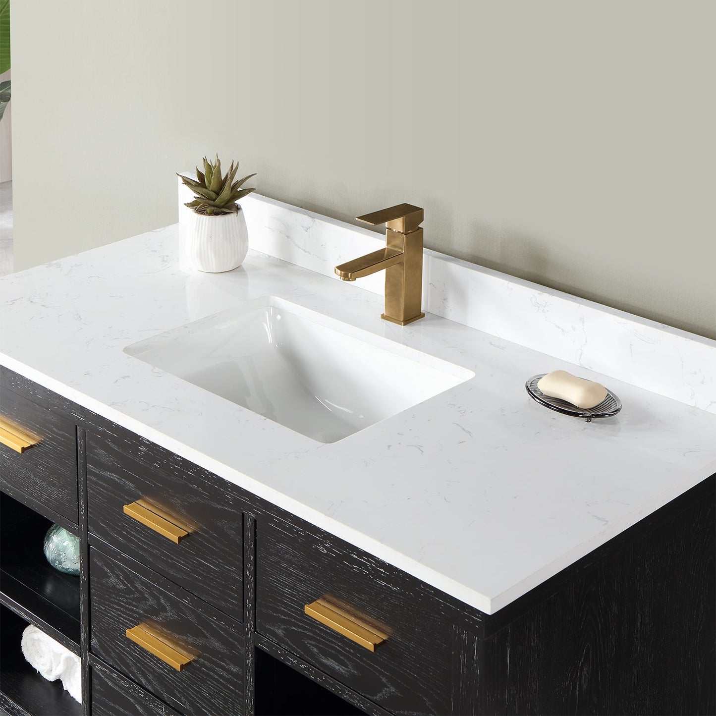 Kesia 48" Single Bathroom Vanity Set in Black Oak with Aosta White Engineered Stone Countertop without Mirror