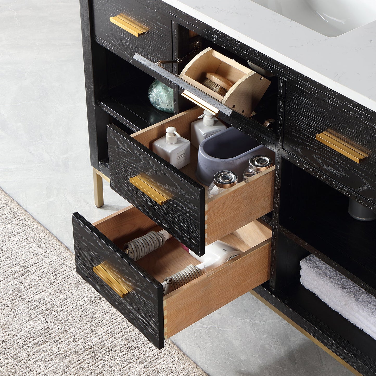 Kesia 48" Single Bathroom Vanity Set in Black Oak with Aosta White Engineered Stone Countertop without Mirror