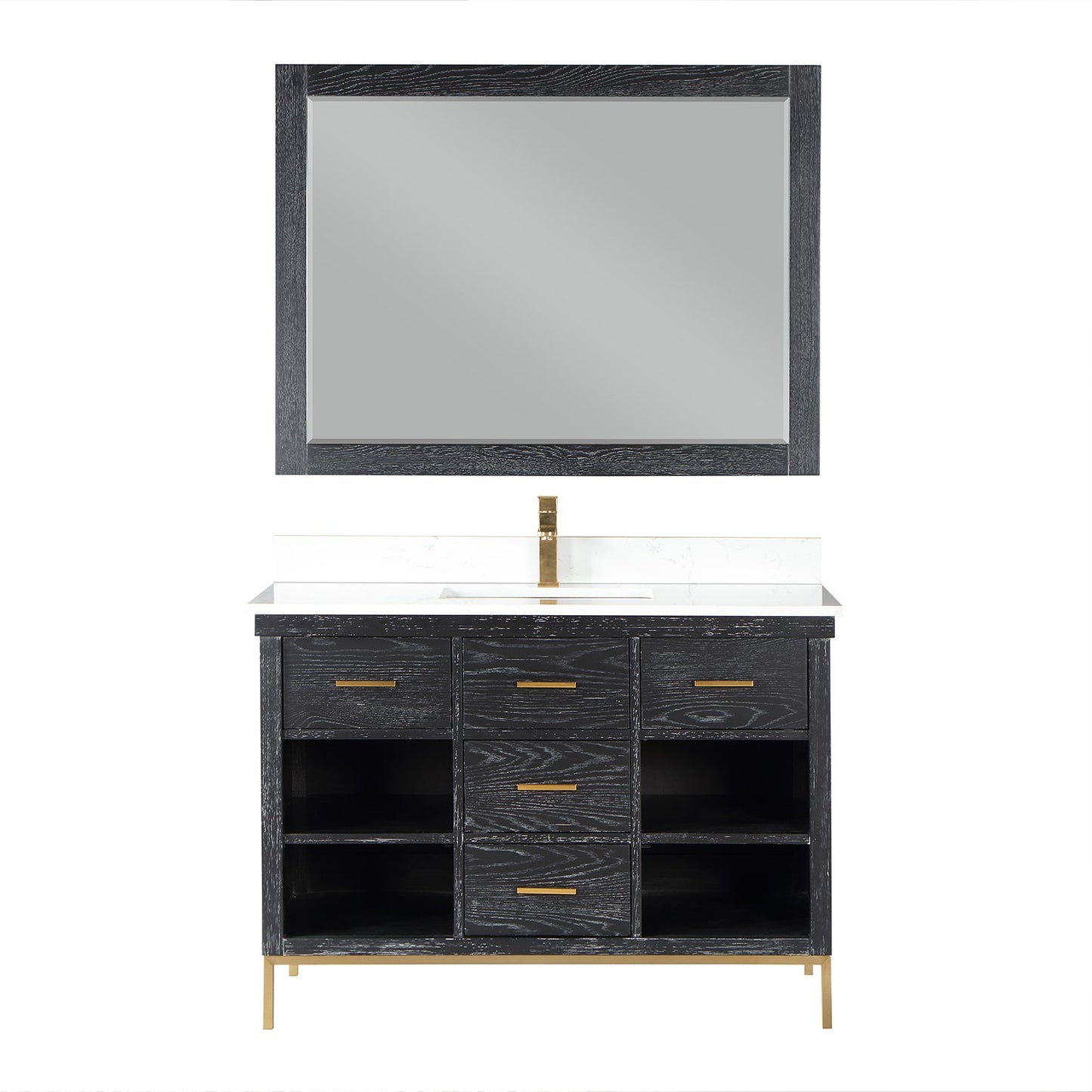 Kesia 48" Single Bathroom Vanity Set in Black Oak with Aosta White Engineered Stone Countertop with Mirror