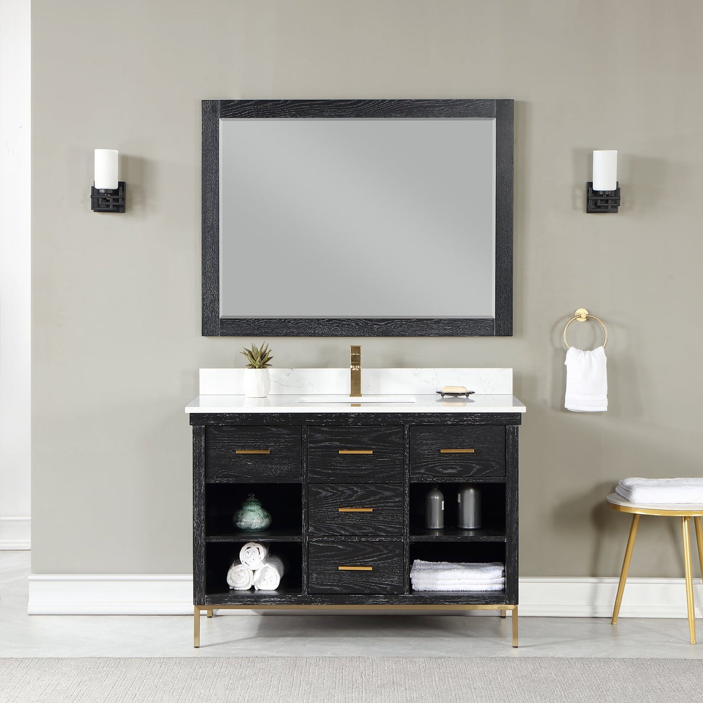 Kesia 48" Single Bathroom Vanity Set in Black Oak with Aosta White Engineered Stone Countertop with Mirror