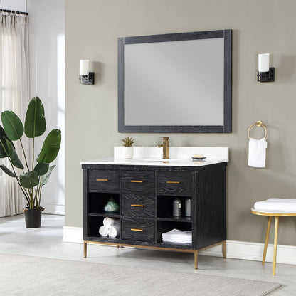 Kesia 48" Single Bathroom Vanity Set in Black Oak with Aosta White Engineered Stone Countertop with Mirror