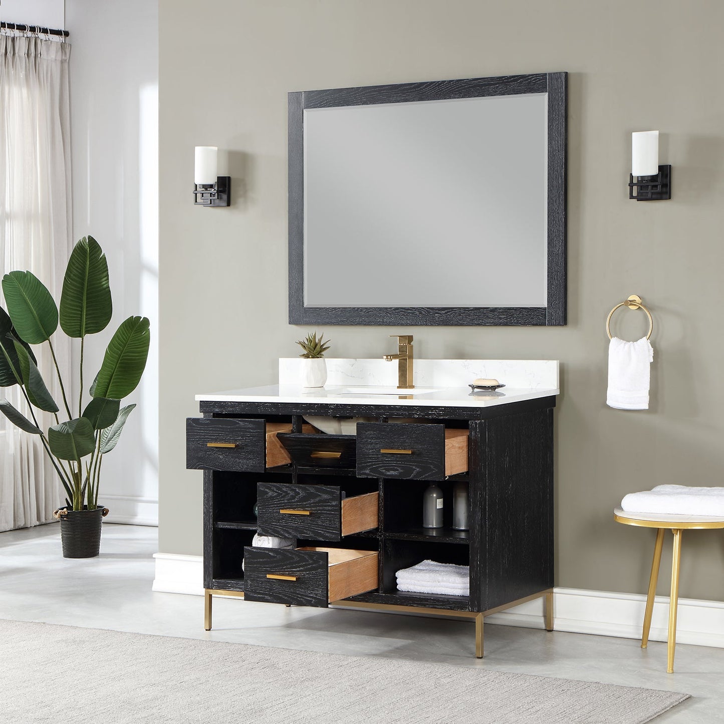 Kesia 48" Single Bathroom Vanity Set in Black Oak with Aosta White Engineered Stone Countertop with Mirror