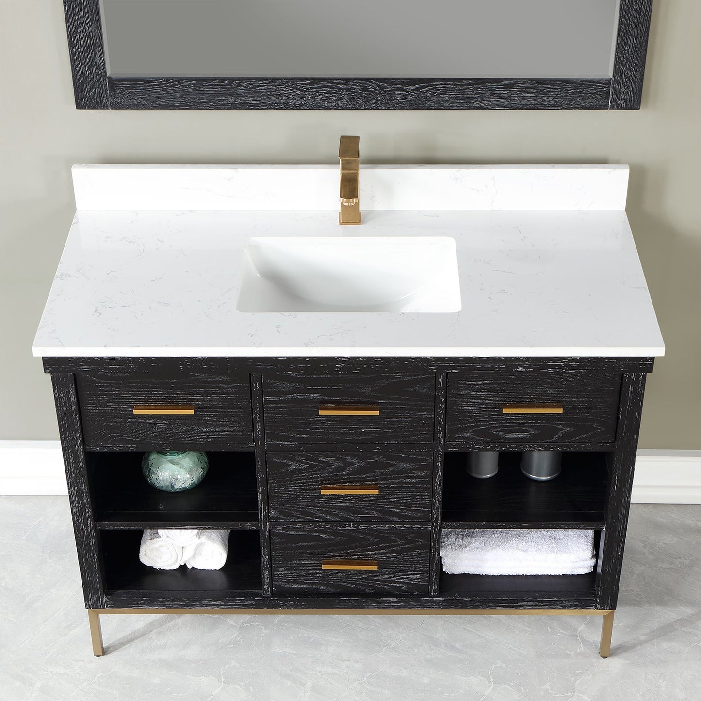 Kesia 48" Single Bathroom Vanity Set in Black Oak with Aosta White Engineered Stone Countertop with Mirror