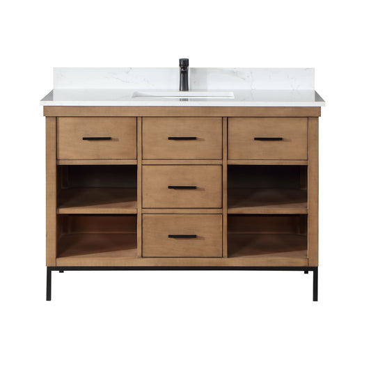 Kesia 48" Single Bathroom Vanity Set in Brown Pine with Aosta White Engineered Stone Countertop without Mirror