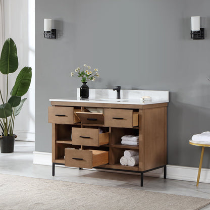 Kesia 48" Single Bathroom Vanity Set in Brown Pine with Aosta White Engineered Stone Countertop without Mirror