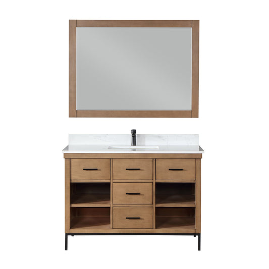 Kesia 48" Single Bathroom Vanity Set in Brown Pine with Aosta White Engineered Stone Countertop with Mirror