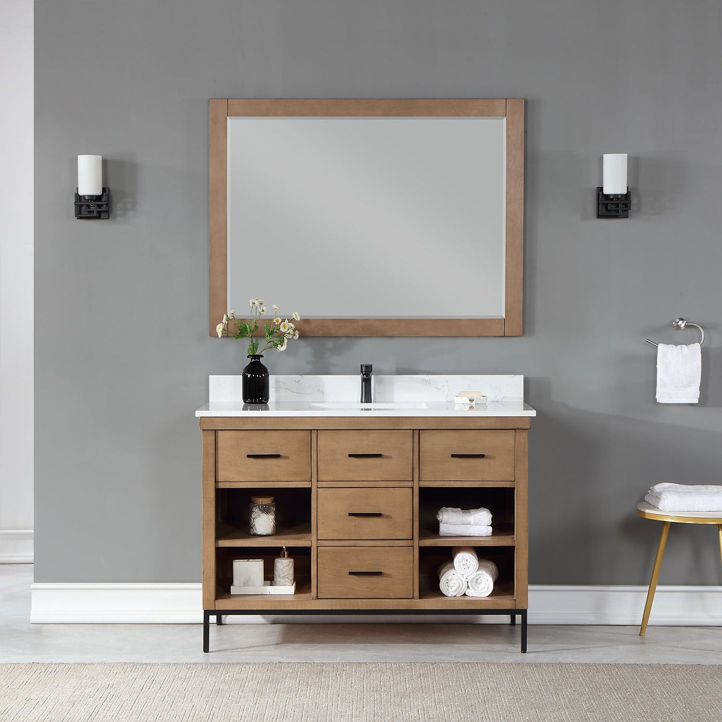 Kesia 48" Single Bathroom Vanity Set in Brown Pine with Aosta White Engineered Stone Countertop with Mirror