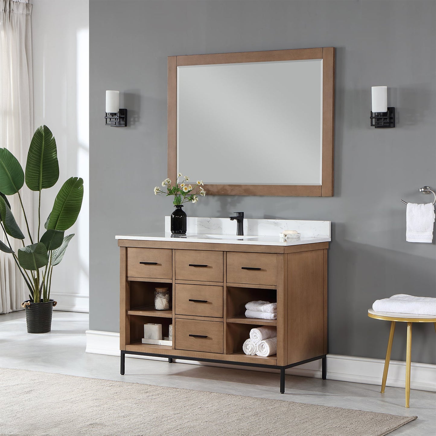 Kesia 48" Single Bathroom Vanity Set in Brown Pine with Aosta White Engineered Stone Countertop with Mirror