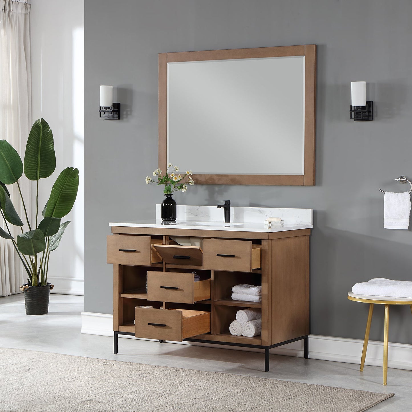 Kesia 48" Single Bathroom Vanity Set in Brown Pine with Aosta White Engineered Stone Countertop with Mirror