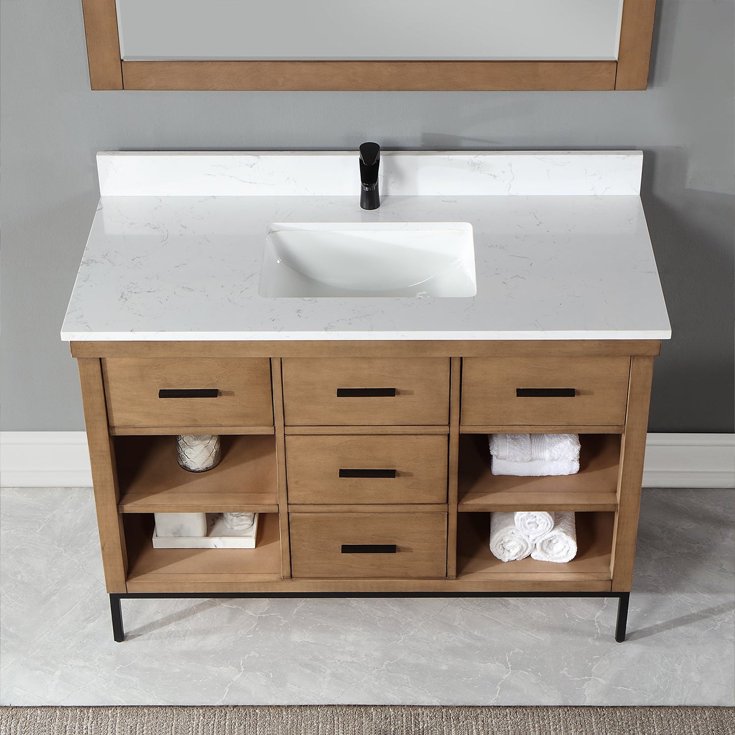 Kesia 48" Single Bathroom Vanity Set in Brown Pine with Aosta White Engineered Stone Countertop with Mirror