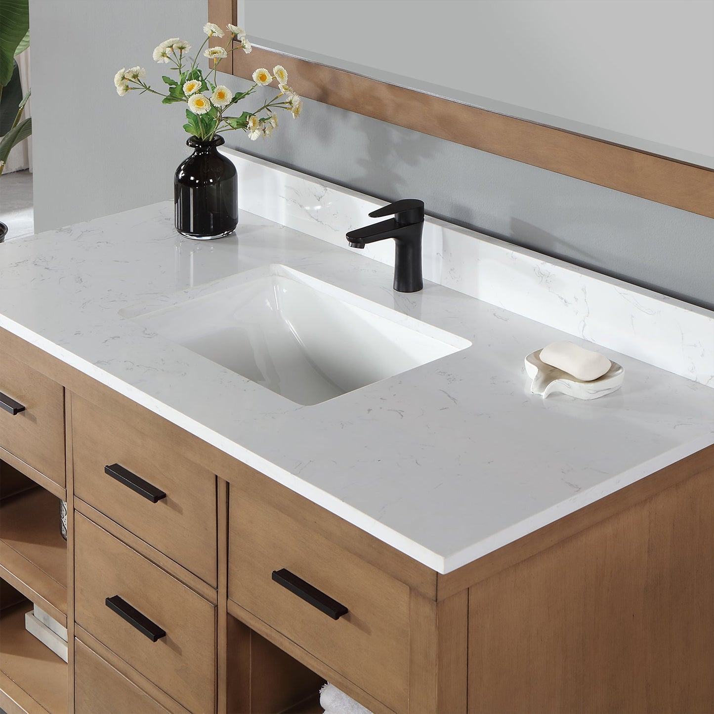 Kesia 48" Single Bathroom Vanity Set in Brown Pine with Aosta White Engineered Stone Countertop with Mirror