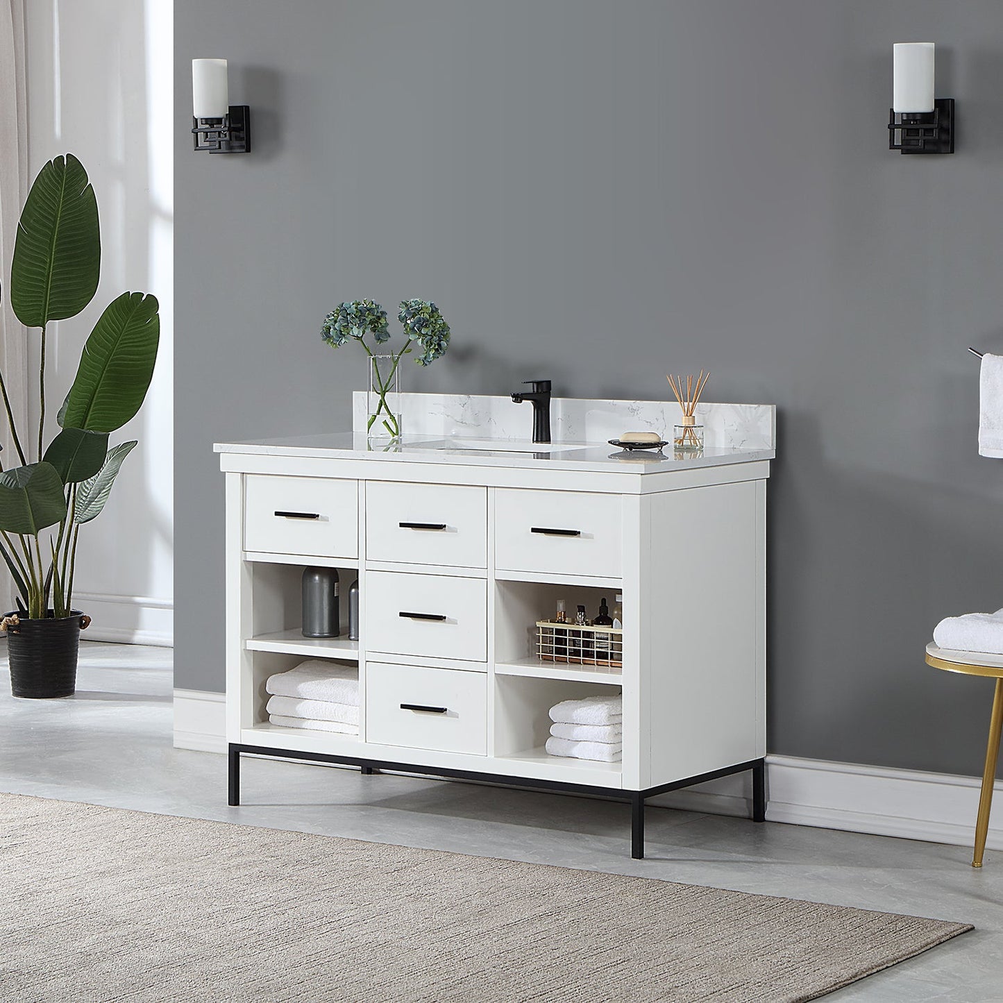 Kesia 48" Single Bathroom Vanity Set in White with Aosta White Engineered Stone Countertop without Mirror